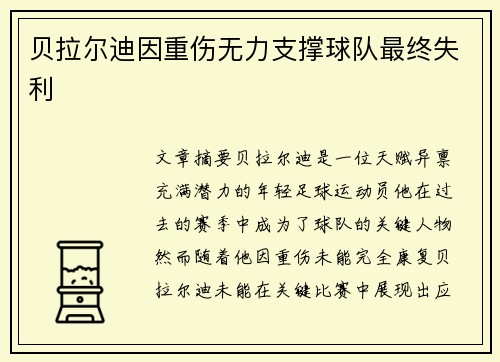 贝拉尔迪因重伤无力支撑球队最终失利