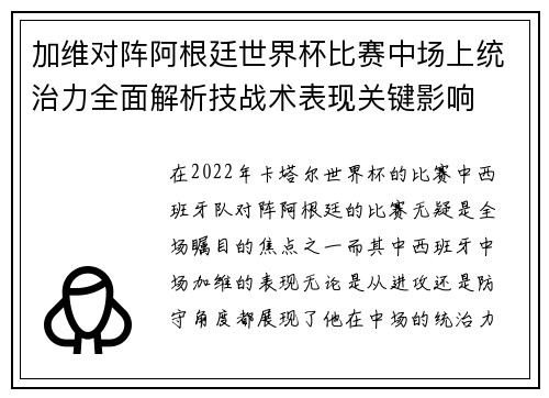 加维对阵阿根廷世界杯比赛中场上统治力全面解析技战术表现关键影响